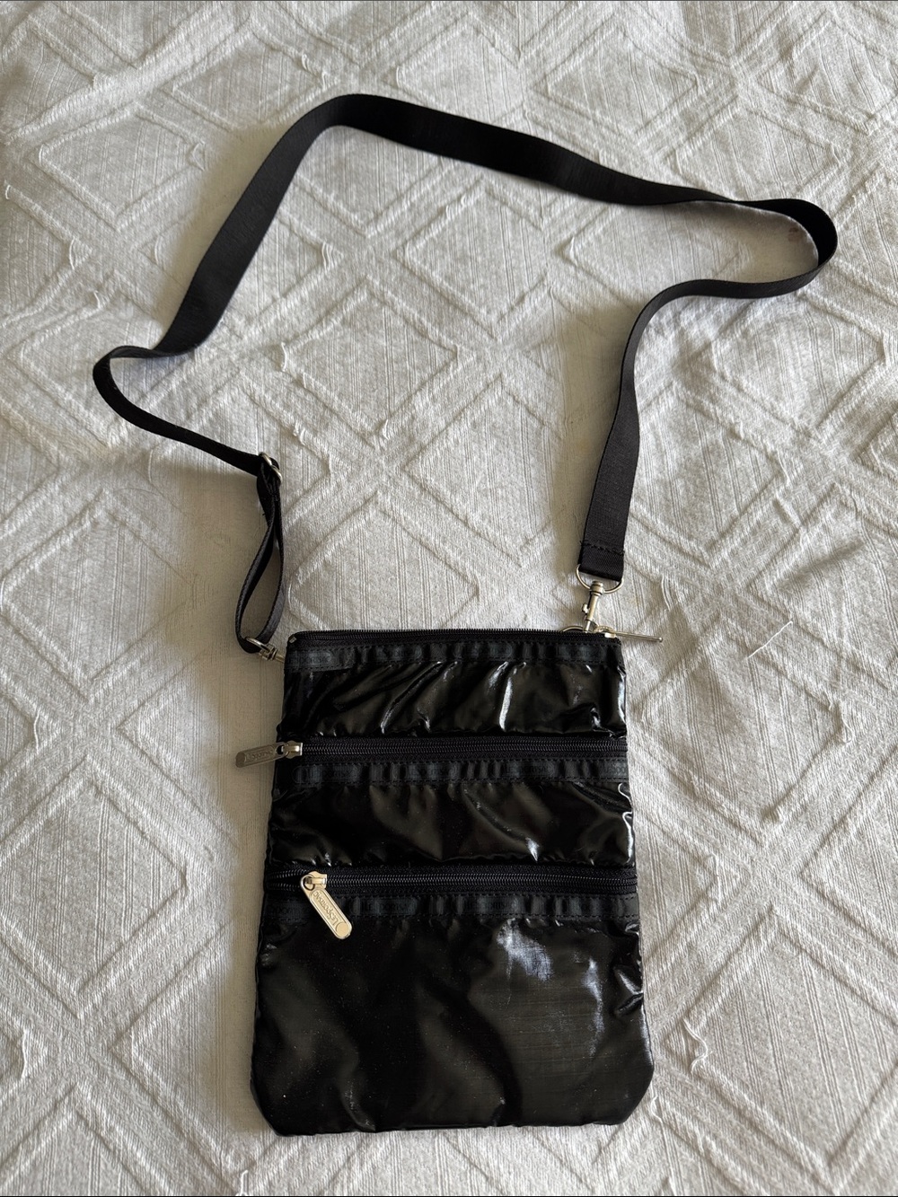 Lesportsac Black Shine Mini 3-Zip Crossbody Bag